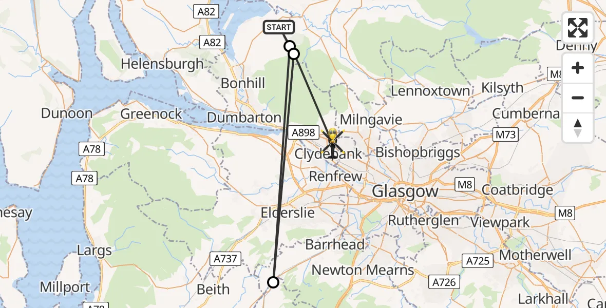 Flight route Police Helicopter Gartocharn - Clydebank, 14 July 2026, 14:33