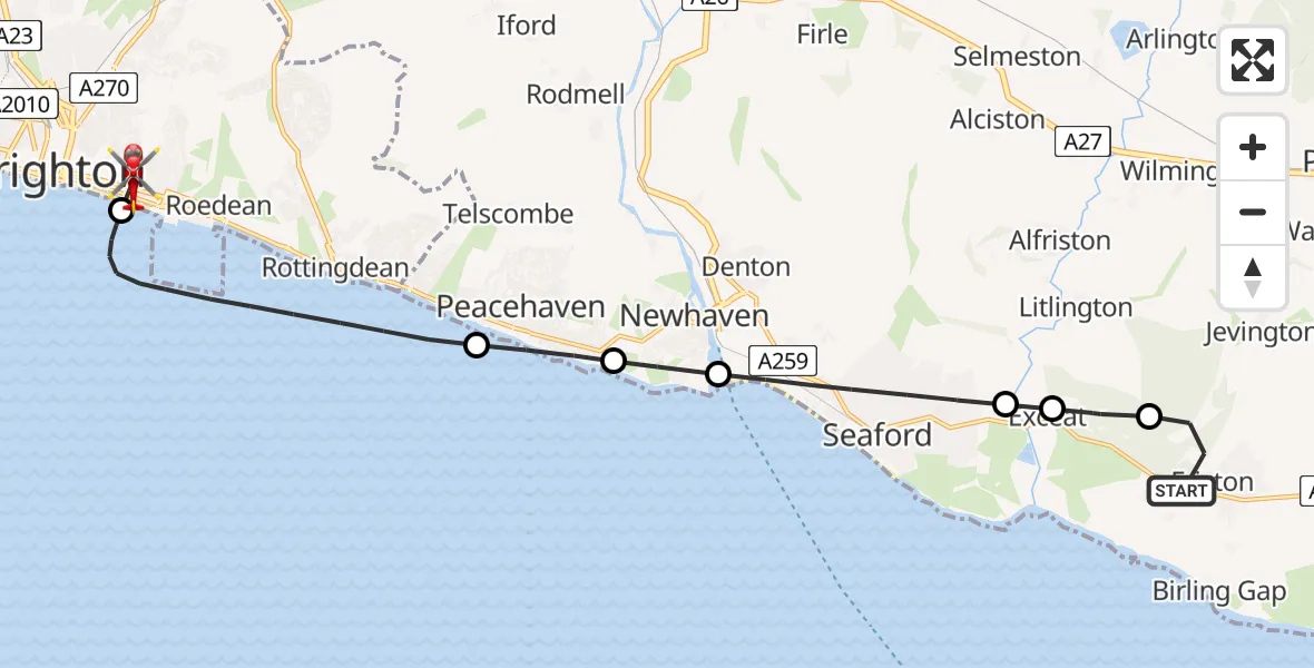 Flight route Air Ambulance Helicopter Friston - Brighton, 14 July 2026, 14:44