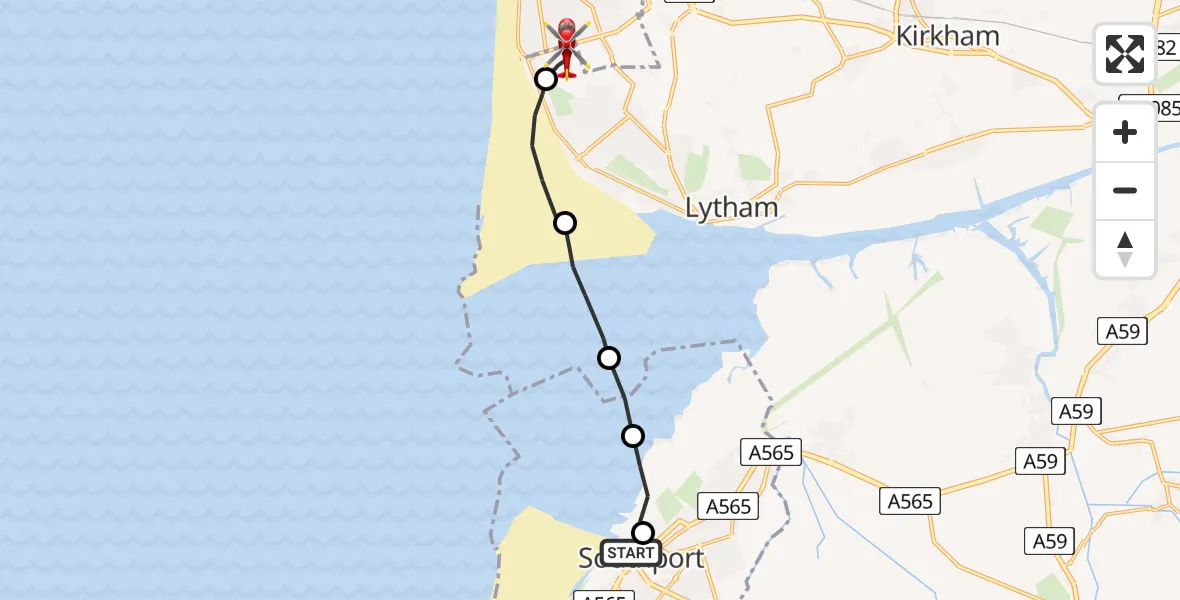 Flight route Air Ambulance Helicopter Southport - Blackpool Airport, 14 July 2026, 14:52