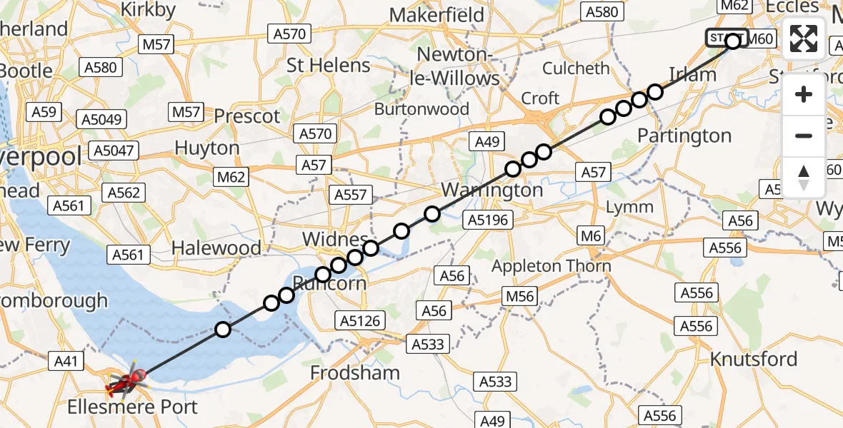 Flight route Air Ambulance Helicopter Manchester Barton Aerodrome - Ellesmere Port, 14 July 2026, 14:58