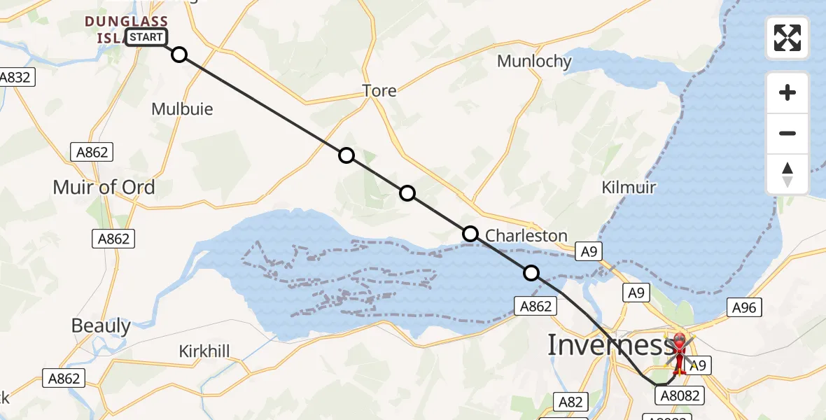 Flight route Air Ambulance Helicopter Conon Bridge - Inverness, 14 July 2026, 15:02