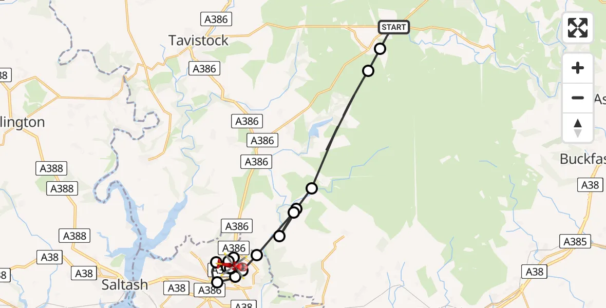 Flight route Air Ambulance Helicopter West Devon - Crownhill, 14 July 2026, 15:05