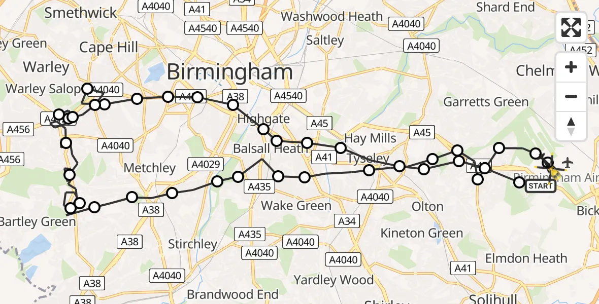 Flight route Police Helicopter Birmingham Airport - Birmingham Airport, 14 July 2026, 15:07
