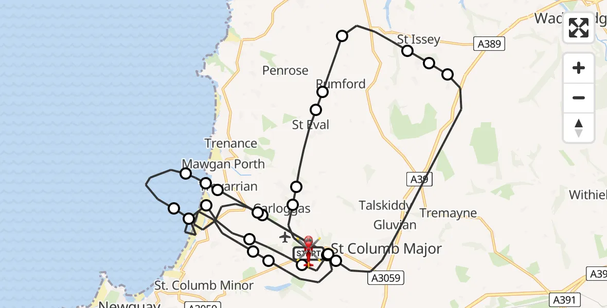 Flight route Air Ambulance Helicopter Cornwall Airport Newquay - Cornwall Airport Newquay, 14 July 2026, 15:07