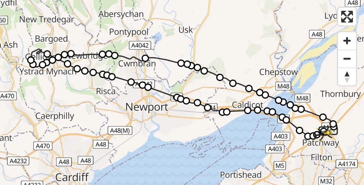 Flight route Police Helicopter Almondsbury Helicopter Base - Woodlands, 14 July 2026, 15:13