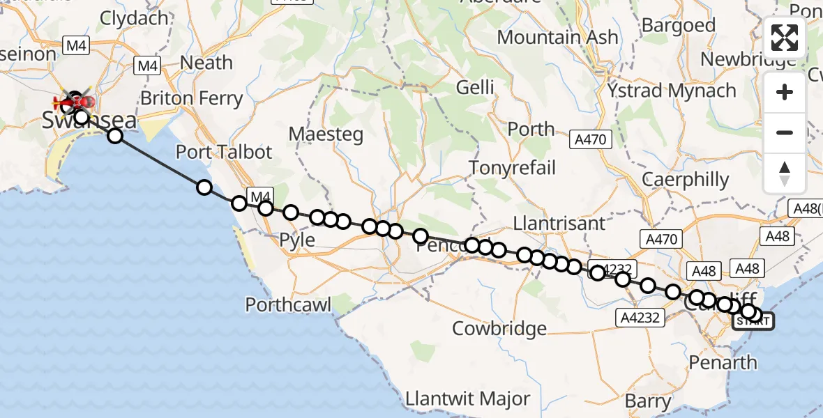Flight route Air Ambulance Helicopter Cardiff Heliport - Mayhill, 14 July 2026, 15:17