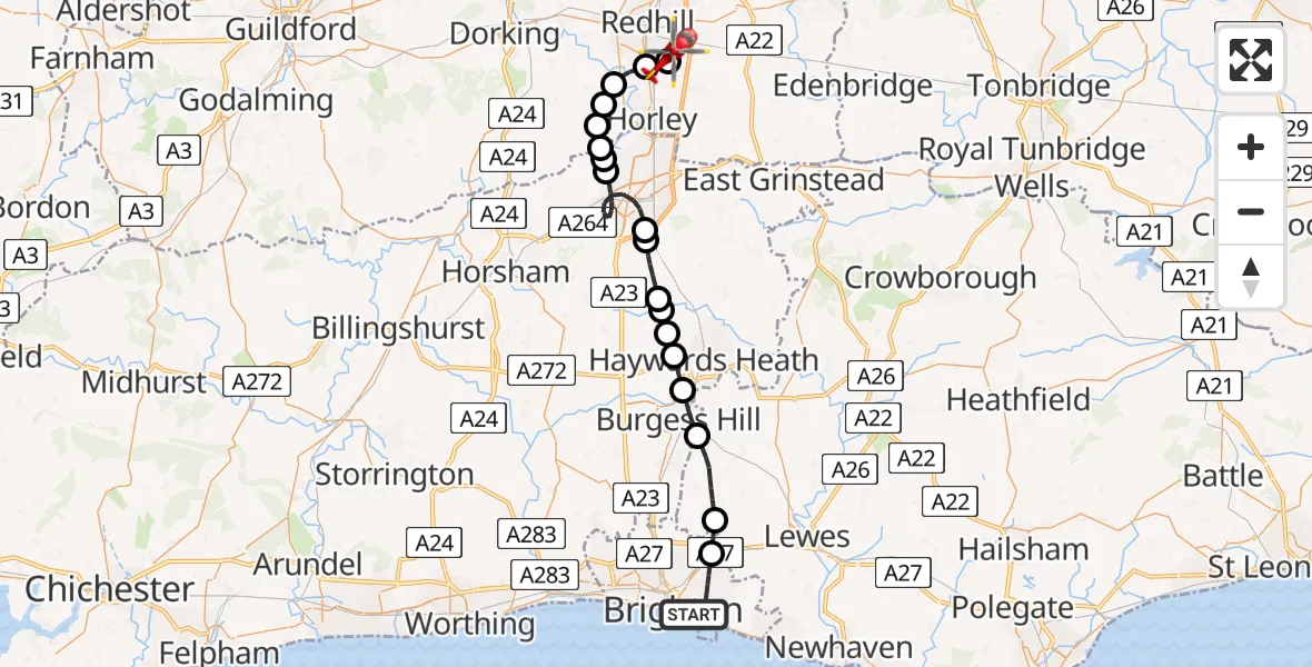 Flight route Air Ambulance Helicopter Brighton - Redhill Aerodrome, 14 July 2026, 15:29
