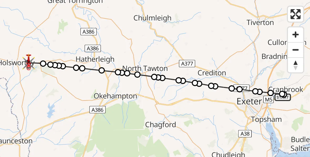Flight route Air Ambulance Helicopter Exeter International Airport - Hollacombe, 14 July 2026, 15:34