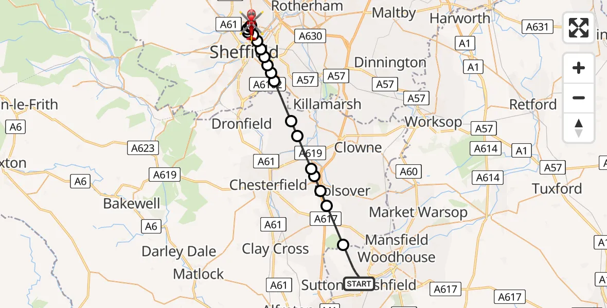Flight route Air Ambulance Helicopter Sutton in Ashfield - Sheffield Northern Hospital, 14 July 2026, 15:35