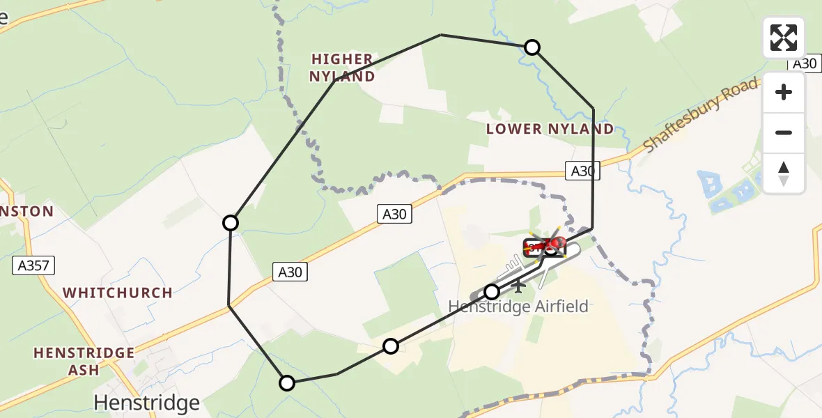 Flight route Air Ambulance Helicopter Henstridge Airfield - Henstridge Airfield, 14 July 2026, 15:37