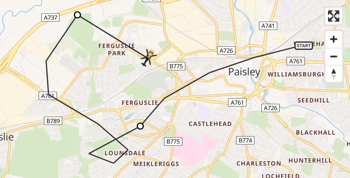 Flight route Police Helicopter Paisley - Paisley, 14 July 2026, 15:39