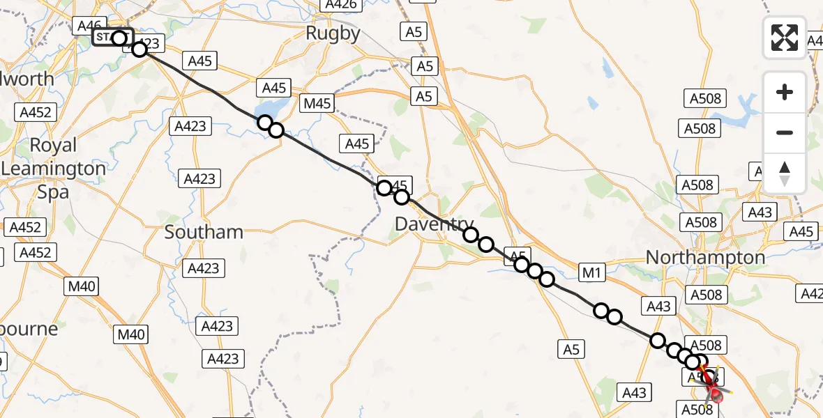 Flight route Air Ambulance Helicopter Coventry Airport - Roade, 14 July 2026, 15:39