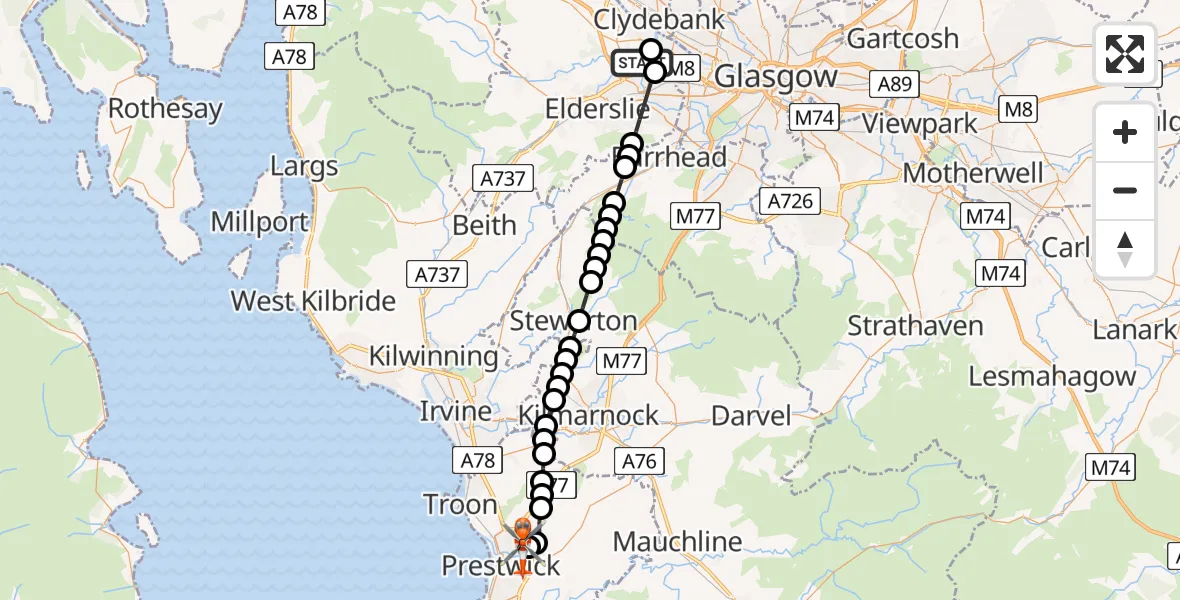 Flight route Coastguard Helicopter Glasgow Airport - Glasgow Prestwick Airport, 14 July 2026, 15:39