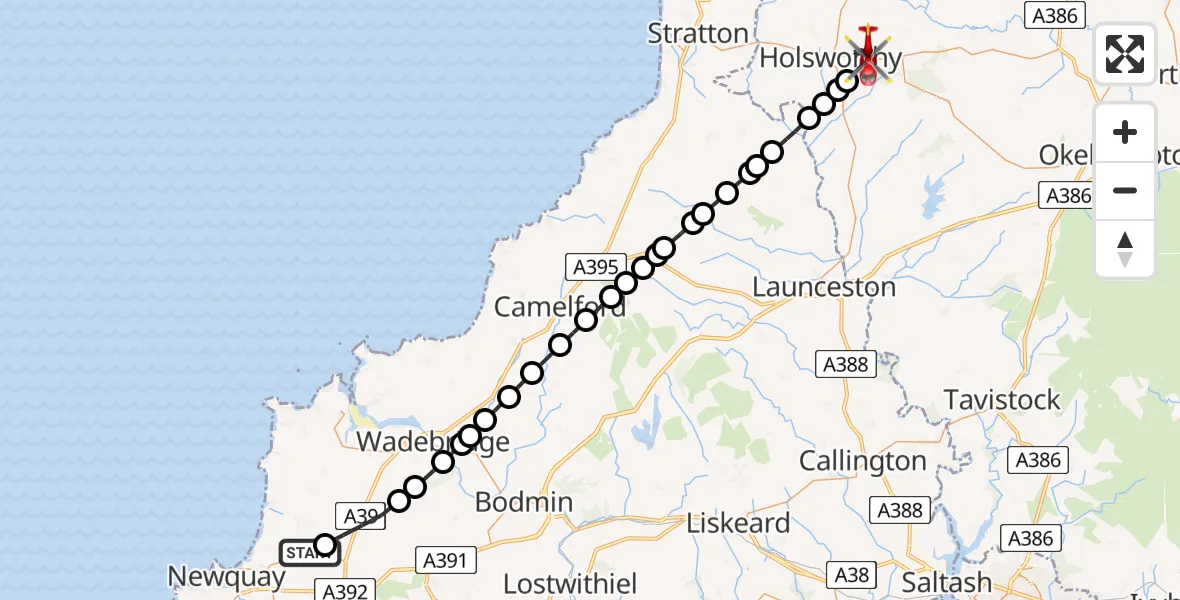 Flight route Air Ambulance Helicopter Cornwall Airport Newquay - Hollacombe, 14 July 2026, 15:39