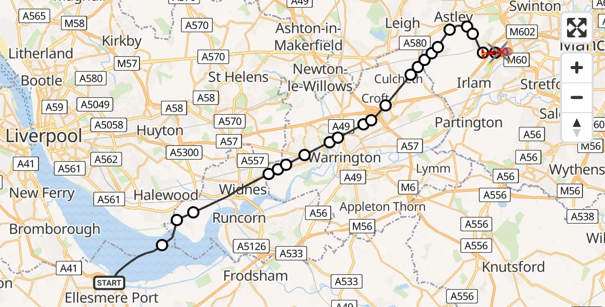 Flight route Air Ambulance Helicopter Ellesmere Port - Manchester Barton Aerodrome, 14 July 2026, 15:40