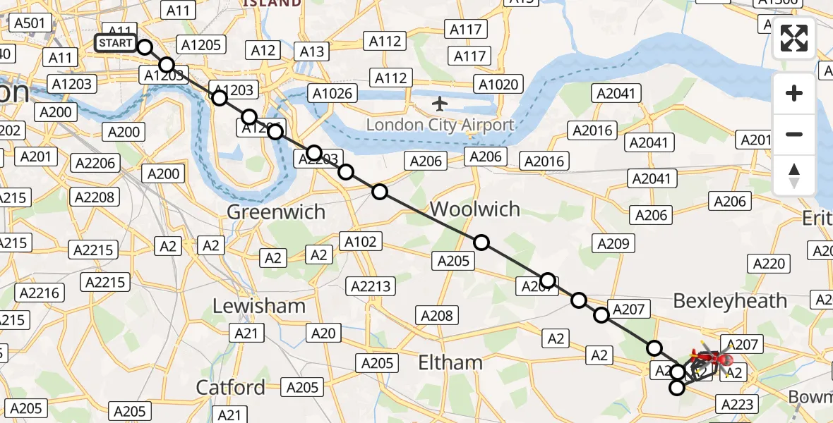 Flight route Air Ambulance Helicopter Royal London Hospital - Blendon, 14 July 2026, 15:44