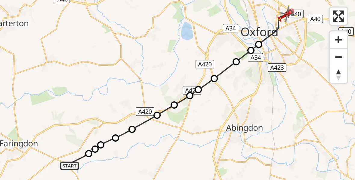 Flight route Air Ambulance Helicopter Stanford in the Vale - Oxford, 14 July 2026, 15:48