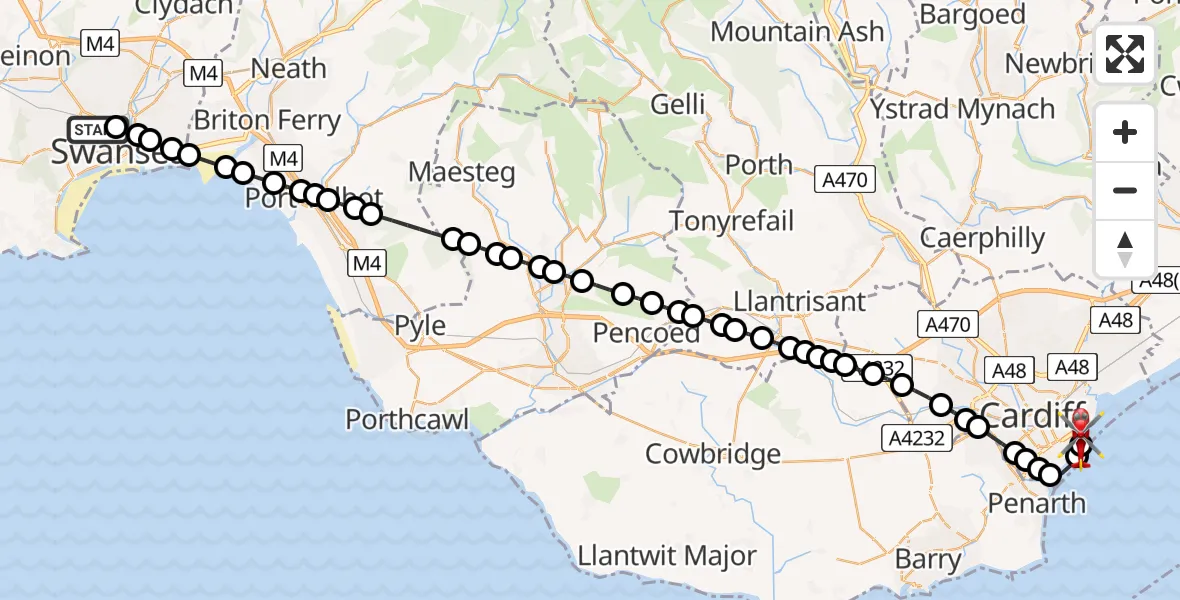 Flight route Air Ambulance Helicopter Mayhill - Cardiff Heliport, 14 July 2026, 15:52
