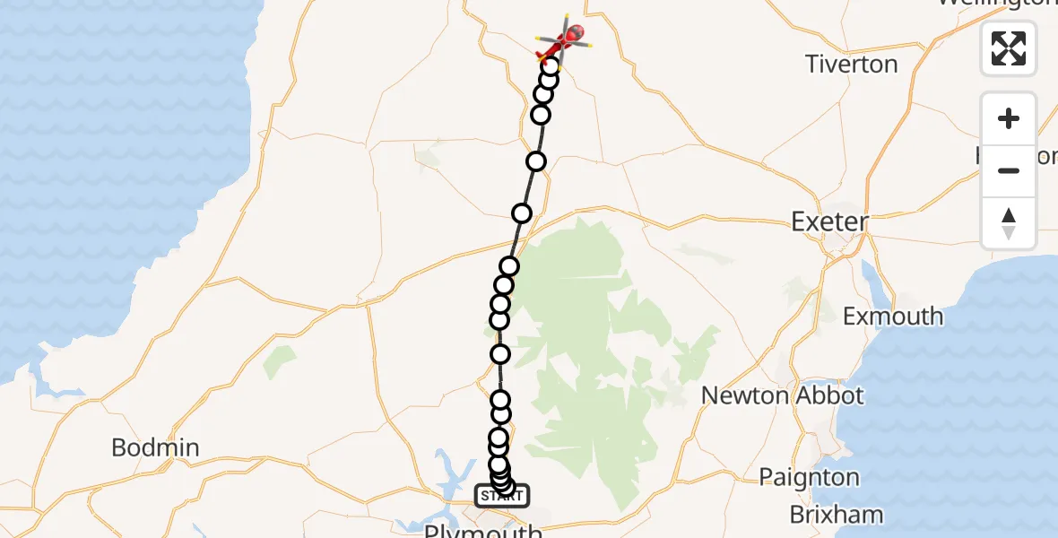 Flight route Air Ambulance Helicopter Derriford Hospital - Roborough, 14 July 2026, 15:59