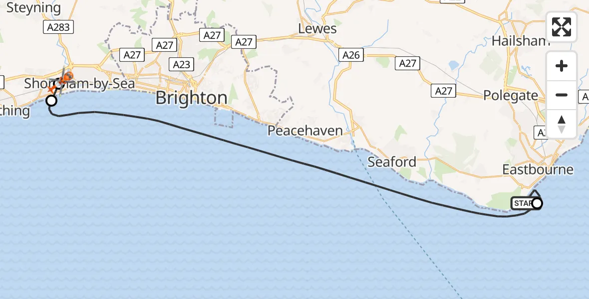 Flight route Coastguard Helicopter Eastbourne - Brighton City Airport, 14 July 2026, 16:03