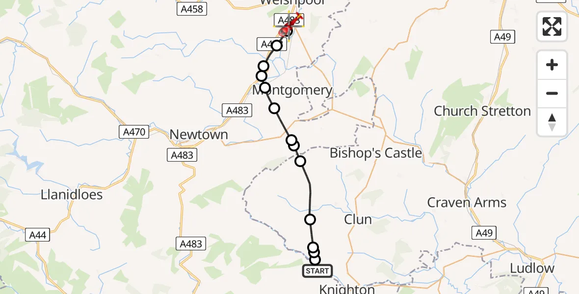 Flight route Air Ambulance Helicopter Lloyney - Welshpool Airport, 14 July 2026, 16:08