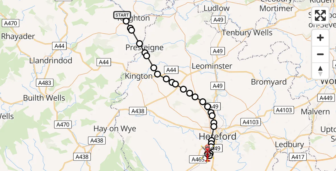 Flight route Air Ambulance Helicopter Knucklas - Callow, 14 July 2026, 16:16