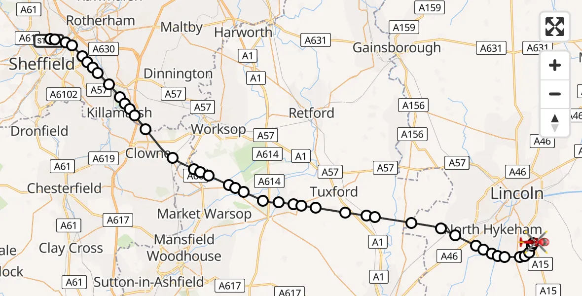 Flight route Air Ambulance Helicopter Sheffield Northern Hospital - North Kesteven, 14 July 2026, 16:22