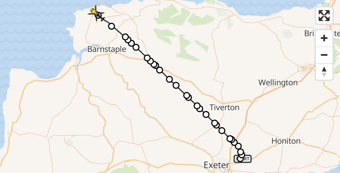Flight route Police Helicopter Rockbeare - Ilfracombe, 14 July 2026, 16:30