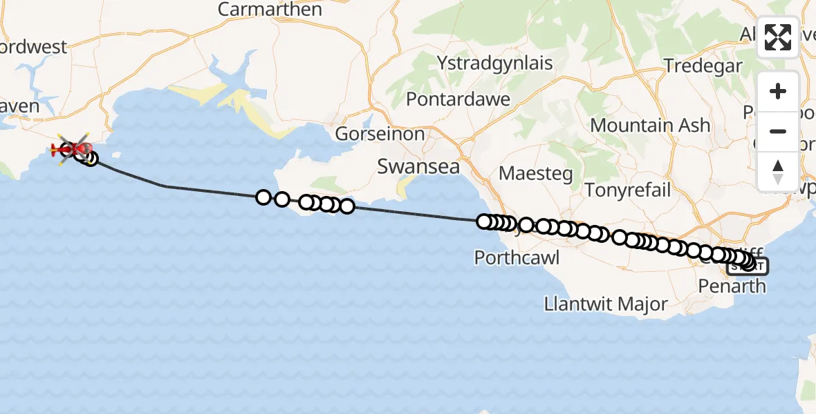 Flight route Air Ambulance Helicopter Cardiff Heliport - Jameston, 14 July 2026, 16:33