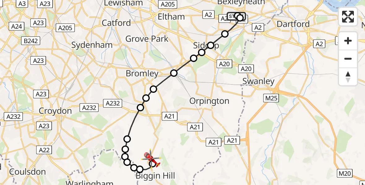 Flight route Air Ambulance Helicopter Bexley - London Biggin Hill Airport, 14 July 2026, 16:35