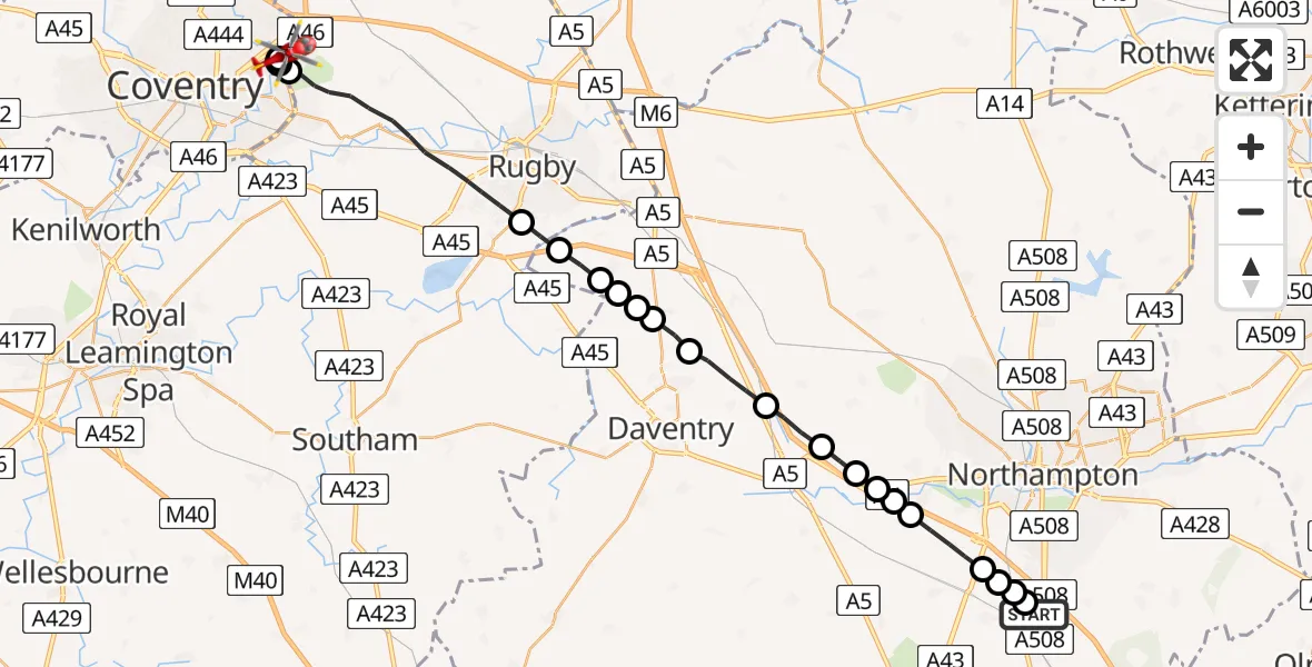 Flight route Air Ambulance Helicopter Milton Malsor - University Hospital Coventry, 14 July 2026, 16:35
