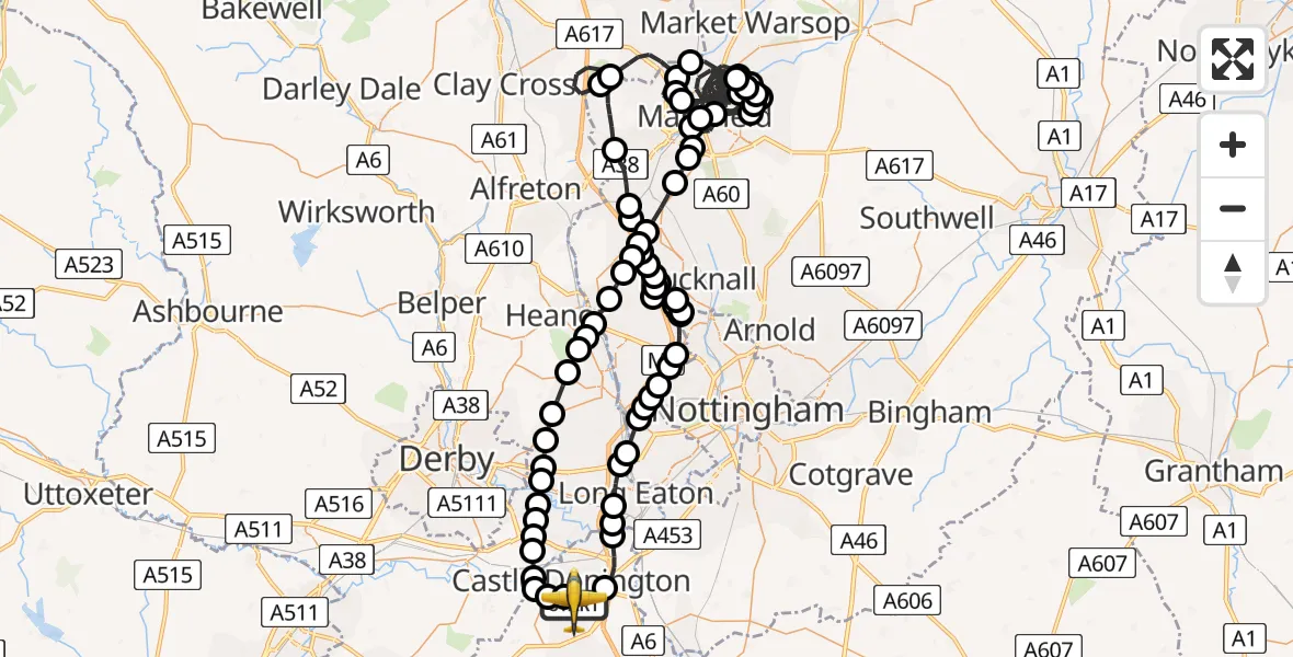 Flight route Police Aircraft East Midlands Airport - East Midlands Airport, 14 July 2026, 16:36