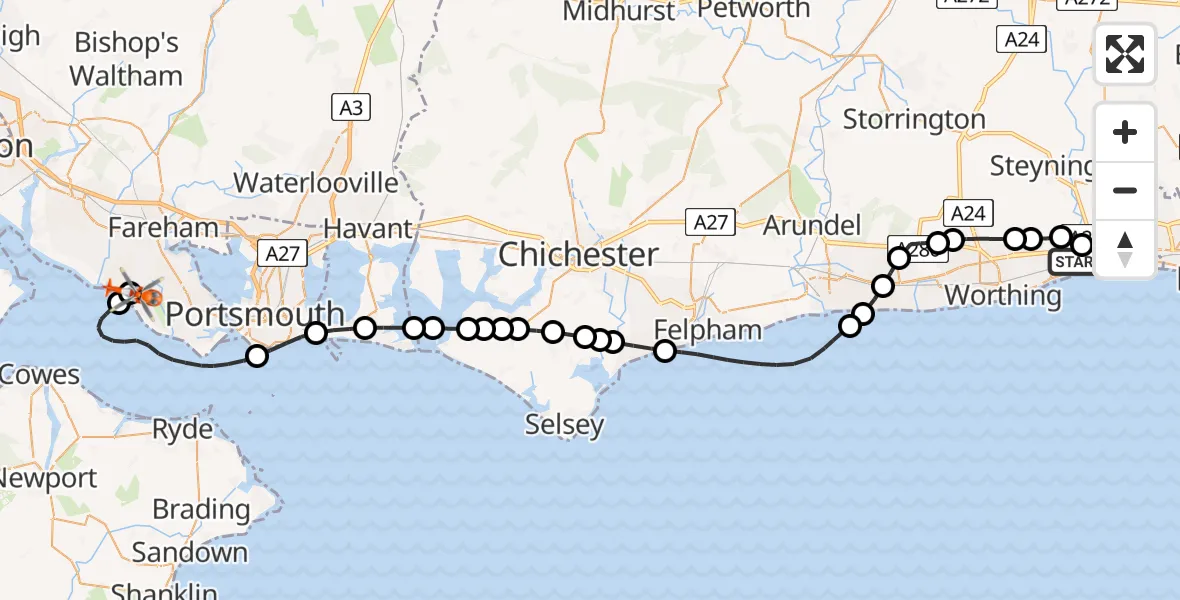 Flight route Coastguard Helicopter Brighton City Airport - Solent Airport, 14 July 2026, 16:38
