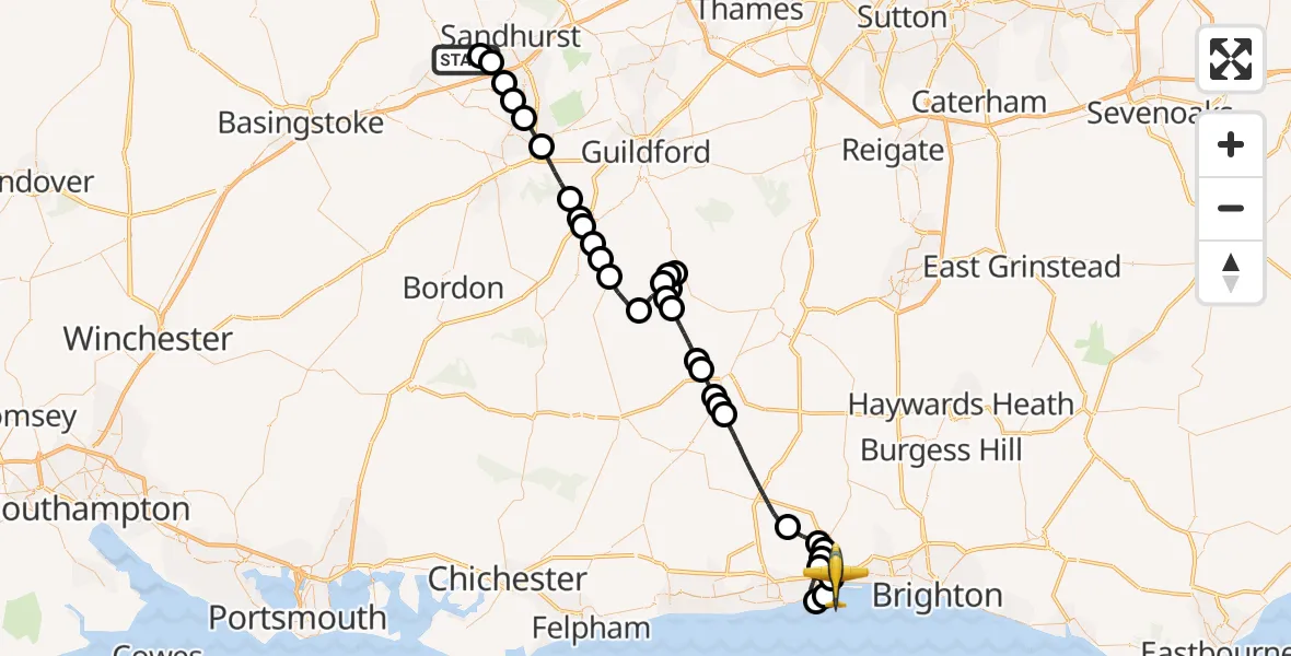 Flight route Police Aircraft Blackbushe Airport - Brighton City Airport, 14 July 2026, 16:51