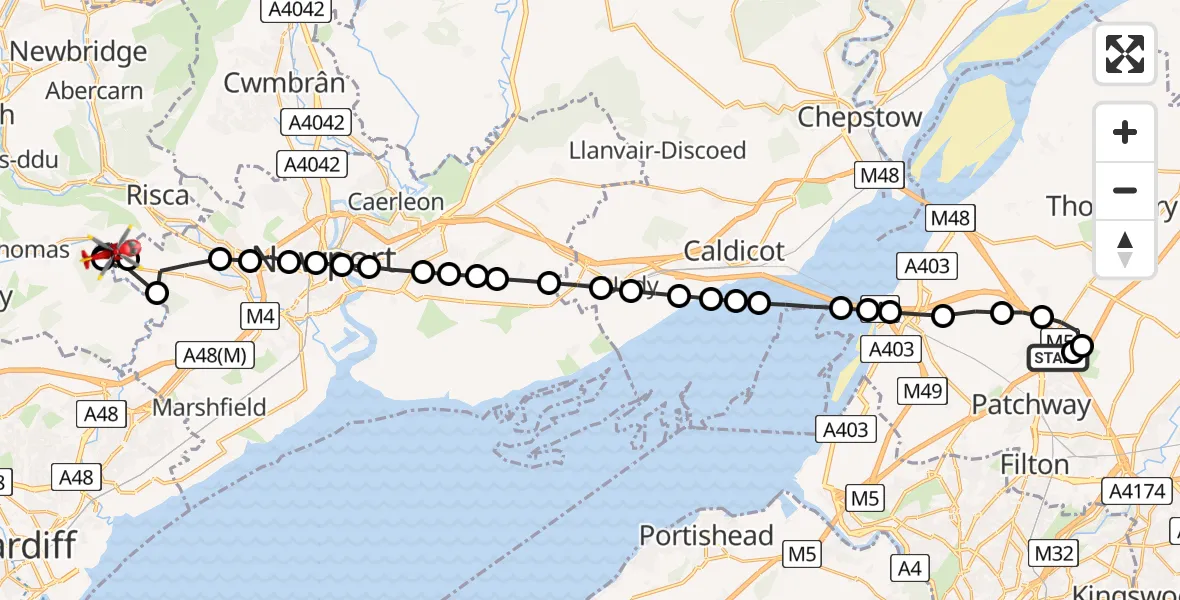 Flight route Air Ambulance Helicopter Almondsbury Helicopter Base - Machen, 14 July 2026, 16:54