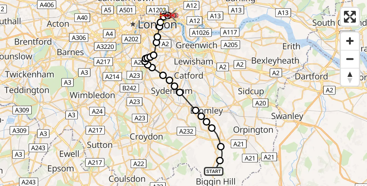 Flight route Air Ambulance Helicopter London Biggin Hill Airport - Royal London Hospital, 14 July 2026, 16:56