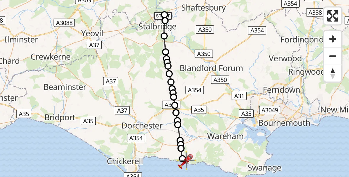 Flight route Air Ambulance Helicopter Henstridge Airfield - West Lulworth, 14 July 2026, 17:04