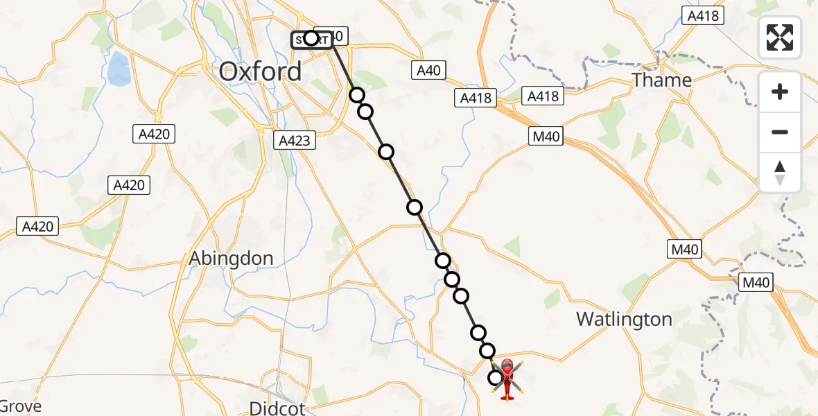 Flight route Air Ambulance Helicopter John Radcliffe Hospital - RAF Benson, 14 July 2026, 17:04