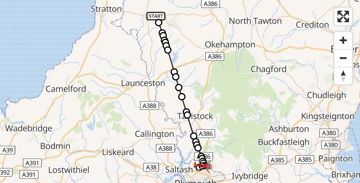 Flight route Air Ambulance Helicopter Hollacombe - Derriford Hospital, 14 July 2026, 17:10