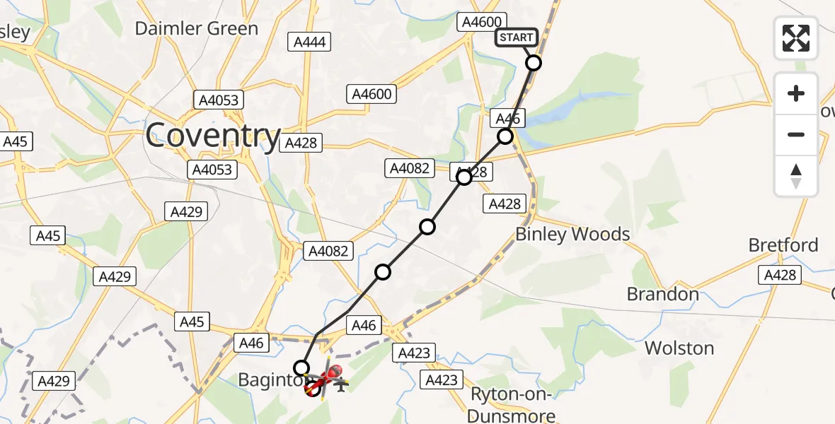 Flight route Air Ambulance Helicopter University Hospital Coventry - Coventry Airport, 14 July 2026, 17:24