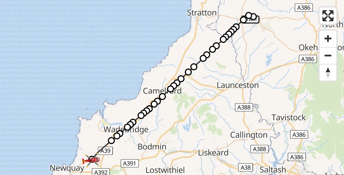 Flight route Air Ambulance Helicopter Hollacombe - Cornwall Airport Newquay, 14 July 2026, 17:35