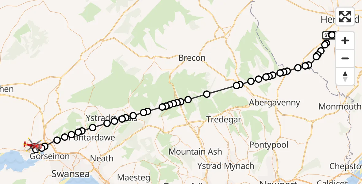 Flight route Air Ambulance Helicopter Callow - Dafen, 14 July 2026, 17:37