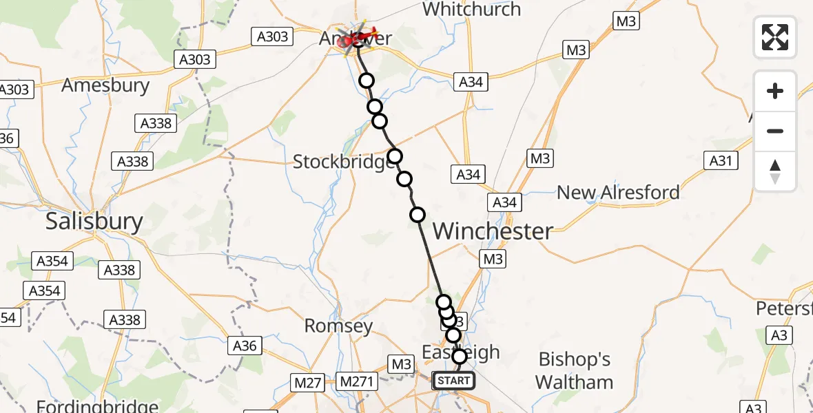 Flight route Air Ambulance Helicopter Southampton Airport - Andover, 14 July 2026, 17:54