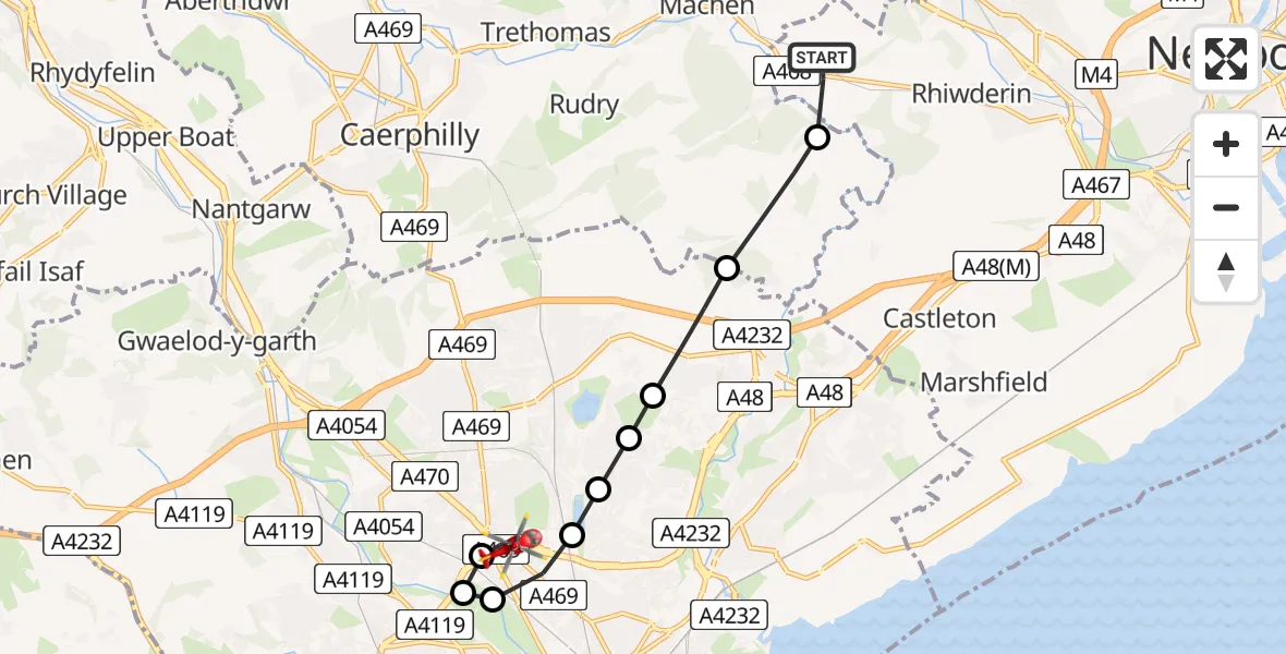 Flight route Air Ambulance Helicopter Graig - Gabalfa, 14 July 2026, 17:55