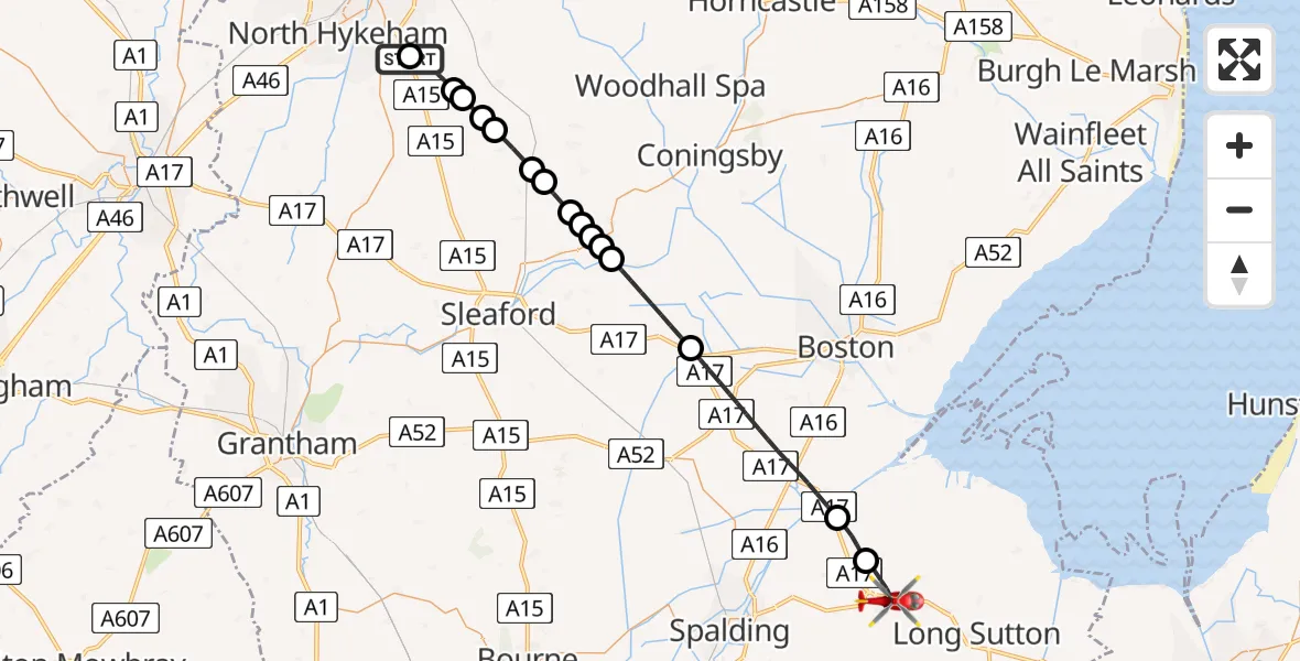 Flight route Air Ambulance Helicopter RAF Waddington - Holbeach CP, 14 July 2026, 17:58