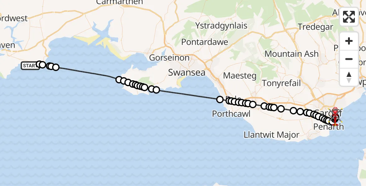 Flight route Air Ambulance Helicopter Manorbier - Cardiff Heliport, 14 July 2026, 18:08