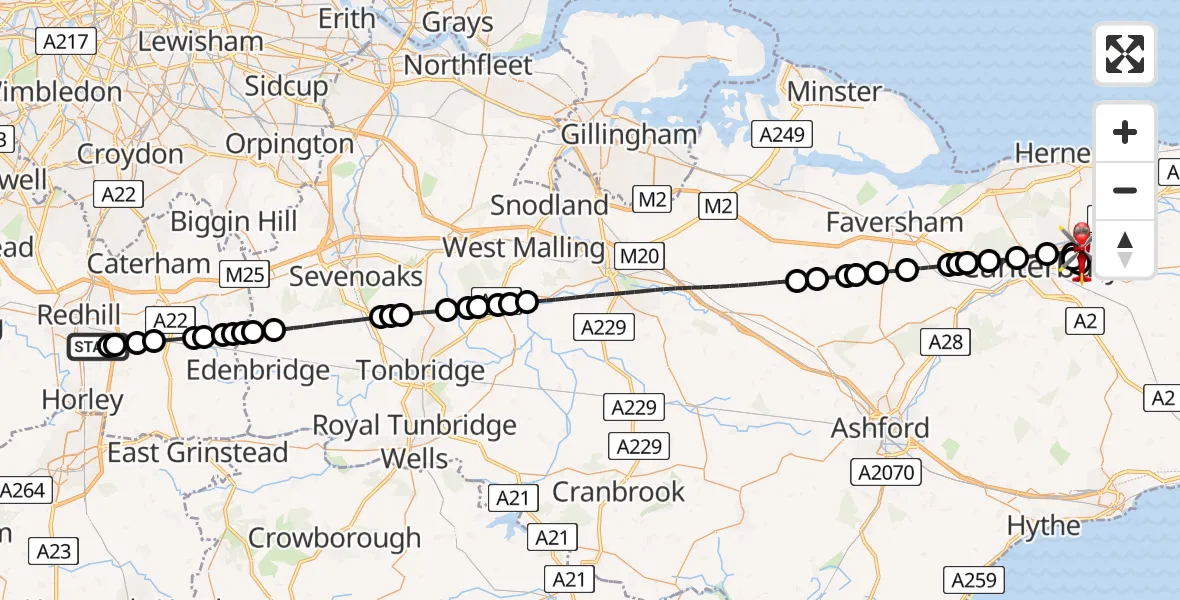 Flight route Air Ambulance Helicopter Redhill Aerodrome - Littlebourne, 14 July 2026, 18:15