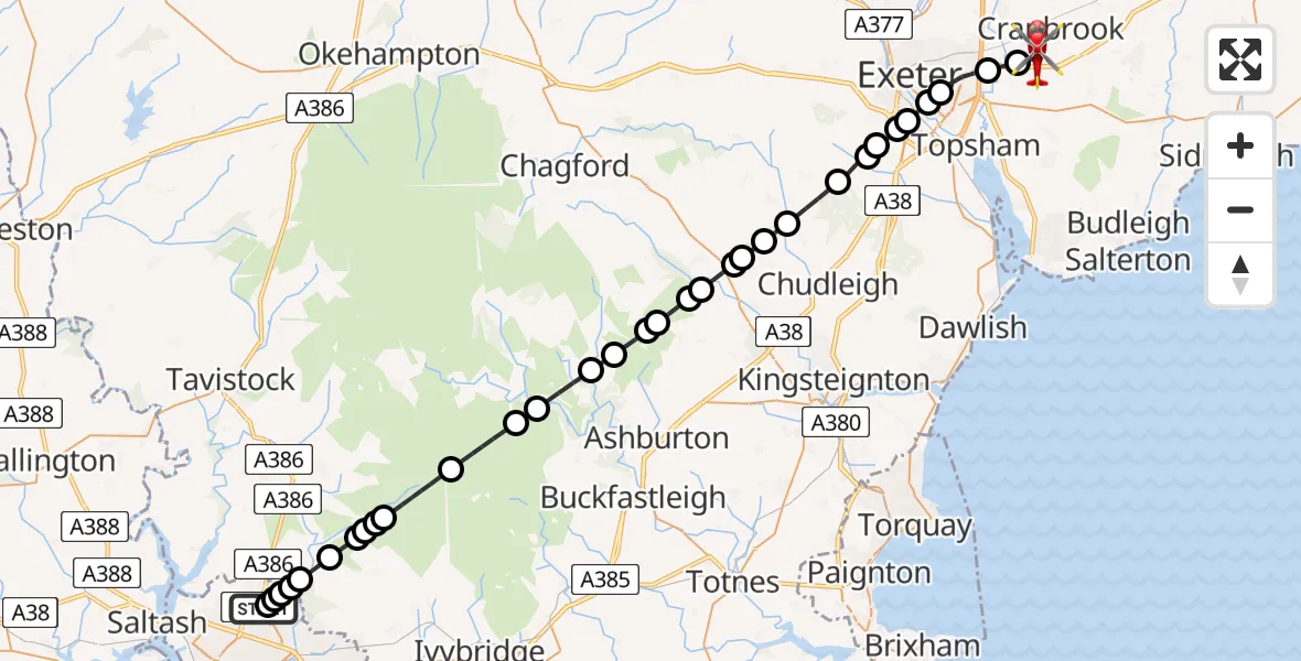 Flight route Air Ambulance Helicopter Derriford Hospital - Exeter International Airport, 14 July 2026, 18:17