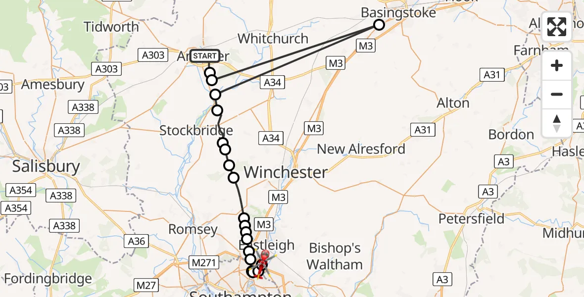 Flight route Air Ambulance Helicopter Andover - Southampton Airport, 14 July 2026, 18:21