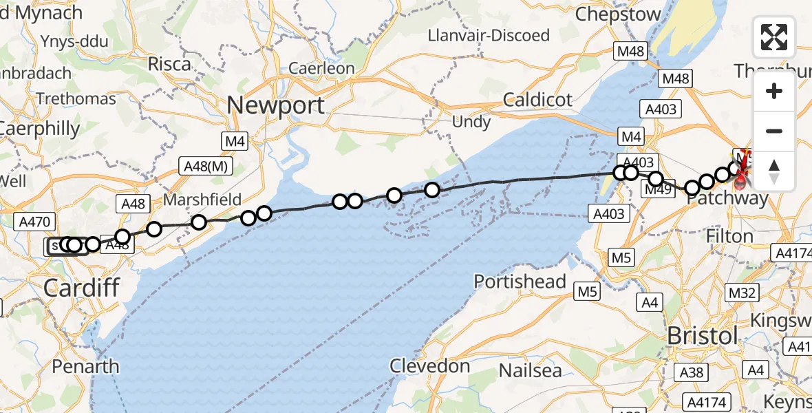 Flight route Air Ambulance Helicopter Birchgrove - Almondsbury Helicopter Base, 14 July 2026, 18:22